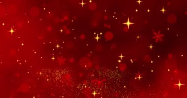 Kırmızı konfeti kar taneleri ve kırmızı Mutlu Noeller arka planında Bokeh ışıkları. Sihirli mutlu yeni yıl dokusu. 3B görüntüleme döngüsü 4k