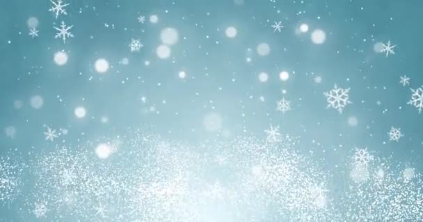 青いメリークリスマスの背景に白いコンフェッティの雪の結晶とボケのライト 魔法のハッピー新年のテクスチャ 3Dレンダリングビデオループ4K — ストック動画