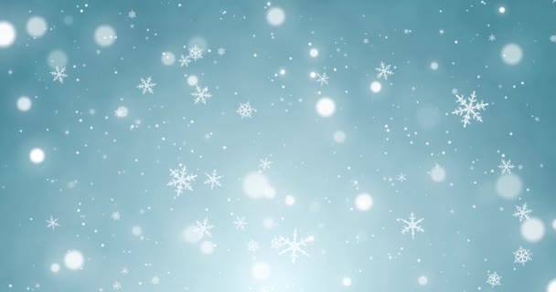 青いメリークリスマスの背景に白いコンフェッティの雪の結晶とボケのライト 魔法のハッピー新年のテクスチャ 3Dレンダリングビデオループ4K — ストック動画