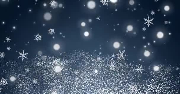 Copos Nieve Confeti Blanco Luces Bokeh Fondo Azul Feliz Navidad — Vídeo de stock