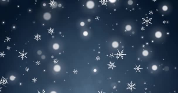 Copos Nieve Confeti Blanco Luces Bokeh Fondo Azul Feliz Navidad — Vídeos de Stock