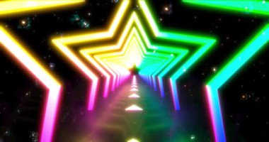 Fütürist disko yıldızı koridorunda soyut uçuş. Kusursuz döngü 4k arkaplan, floresan ultraviyole ışık, renkli lazer neon hatları, geometrik sonsuz tünel, mavi pembe spektrum, 3d render