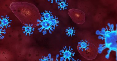 Coronavirus hücreleri. Mikroskop altında solunum enfeksiyonlarına neden olan bir virüs grubu. 3B görüntüleme, 3B resimleme