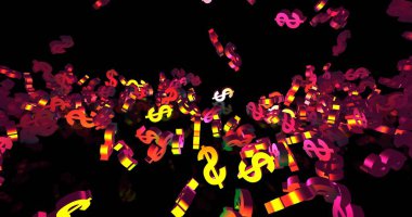 Siyah arkaplana düşen üç boyutlu altın semboller. Parti, finansal etkinlik geçmişi. 3B görüntüleme 3B