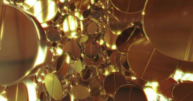 Altın baloncuklu soyut 3 boyutlu grafikler. Hareket grafiği, dijital doku.