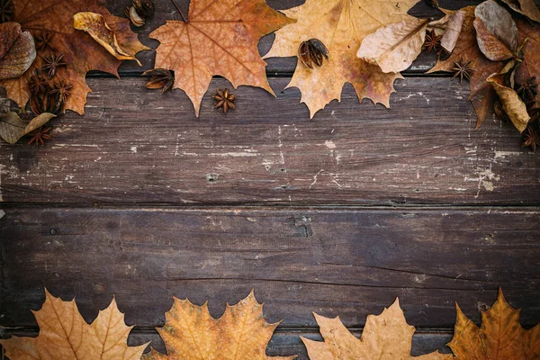 Thanksgiving Background Autumn Leaves Wooden Background Copy Space — Stock Photo, Image