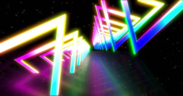 Glödande Neon Färg Triangel Tunnel Laser Visar Bakgrunden Ultraviolett Blått — Stockfoto