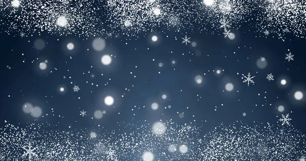 在蓝色的圣诞快乐的背景上 白色的五彩纸屑雪片和爆竹灯闪烁着光芒 神奇的新年快乐质感 3D渲染3D插图 — 图库照片