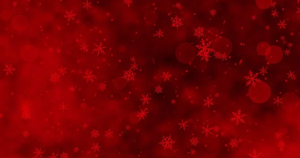 Kırmızı konfeti, kar taneleri ve kırmızı Noel arka planında Bokeh ışıkları. 3B illüstrasyon