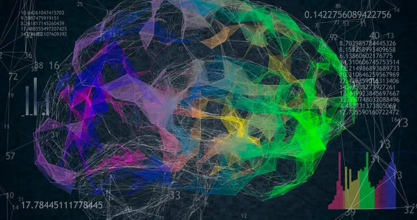 Nízký Polygonální Mozek Model Černém Pozadí Animovanými Čísly Diagramy Ilustrace — Stock fotografie