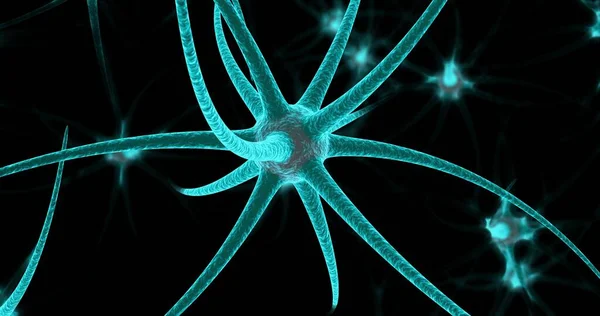 Neonowe Komórki Neuronowe Czarnym Tle Model Ilustracja — Zdjęcie stockowe