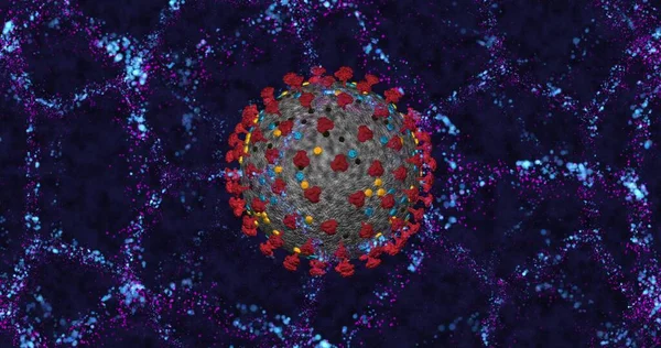 コロナウイルス細胞Covid 19はネオン分子構造の背景に近い 病気のアニメーションを広げる 3Dレンダリング3Dイラスト — ストック写真