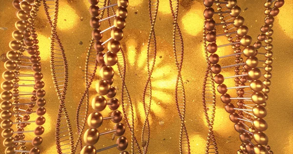 DNA moleküllerinin girdaplarıyla altın geometrik arka plan. Güzellik ve estetik cerrahi kliniği için dijital duvar kağıdı. Yenilik ve tıp konsepti. 3B Hazırlama