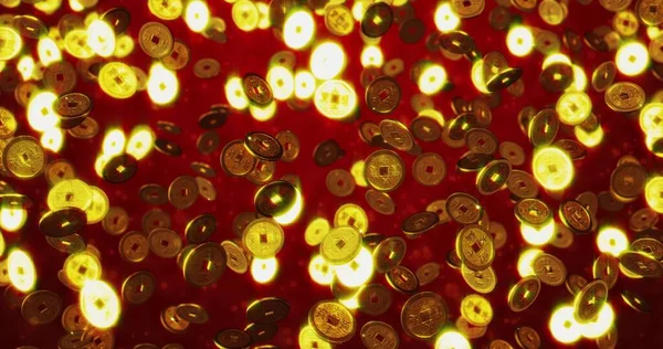 Χρυσά Κινέζικα Νομίσματα Κόκκινο Φόντο Του Νέου Έτους — Φωτογραφία Αρχείου