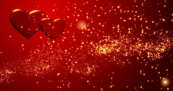 赤いハート ハッピーバレンタインデーの背景 黄金のコンフェッティで赤いハートのテクスチャ ハッピーバレンタインデーの背景 — ストック写真