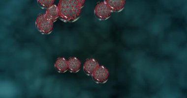 Mavi arka planda Coronavirus hücreleri. Covid-19 'lu küçük damlacıklar patojen yayıyor. 3B görüntüleme döngüsü 4k