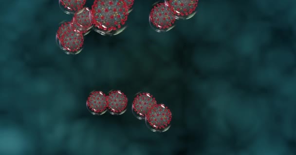 Coronavirus-Zellen auf blauem Hintergrund. Kleine Tropfen mit Covid-19 verbreiten Krankheitserreger. 3D-Rendering-Schleife 4k — Stockvideo