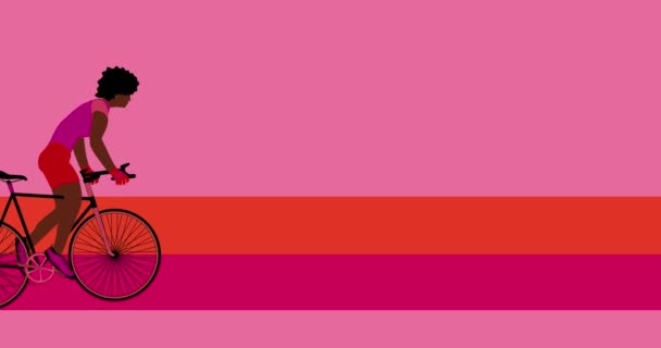 아프리카계 미국인 자전거는 분홍색 배경에 자전거를 타고 있습니다. 만화 영화, 평평 한 디자인 , 4k 루프 — 비디오