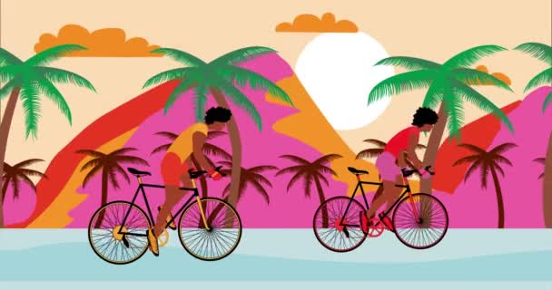 Pesepeda pria dan wanita Afrika Amerika mengendarai sepeda di pantai dengan matahari terbenam. Animasi kartun musim panas, desain rata, loop 4k — Stok Video