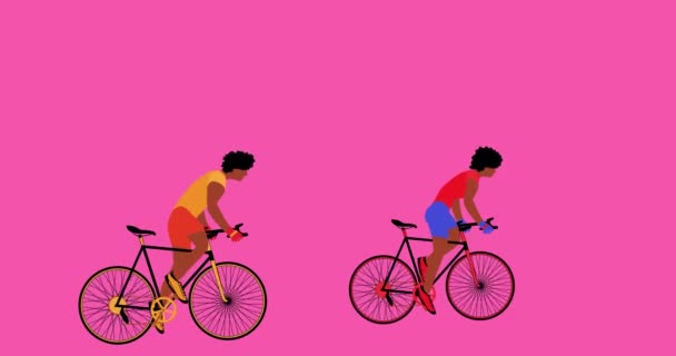 Ciclistas afro-americanos estão montando bicicletas no fundo rosa.Animação de desenhos animados com alfa chanel, design plano, loop 4k — Vídeo de Stock