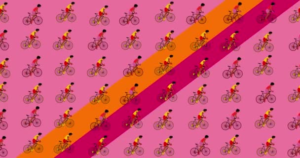 Afrikanska amerikanska cyklister rider cyklar på den rosa bakgrund.Tecknad animation, platt design, loop 4k — Stockvideo