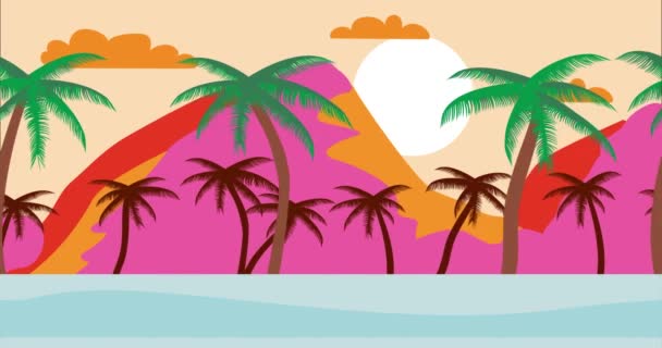Τροπικό νησί Κινούμενα σχέδια φόντο κατά τη διάρκεια του καλοκαιριού ηλιοβασίλεμα με φοίνικες. Κενή παραλία χωρίς κόσμο. Επίπεδη σχεδίαση κινουμένων σχεδίων, βρόχος 4k — Αρχείο Βίντεο