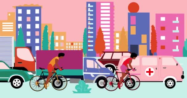 Les cyclistes afro-américains font du vélo sur la route avec des embouteillages dans la ville. Animation dessin animé, design plat, boucle 4k — Video