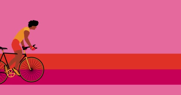 Afroamerykanin rowerzysta jeździ na rowerze na różowym tle.Animacja kreskówek, płaski design, pętla 4k — Wideo stockowe