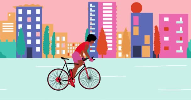 Afro-Américaine cyclistes fait du vélo dans la ville vide d'été pendant le coucher du soleil. Animation dessin animé, design plat, boucle 4k — Video