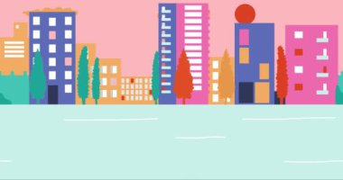 Yaz günbatımında şehirde boş sokaklar. Şehirde Coronavirus salgını. Çizgi film geçmişi. Düz dizayn, döngü 4k