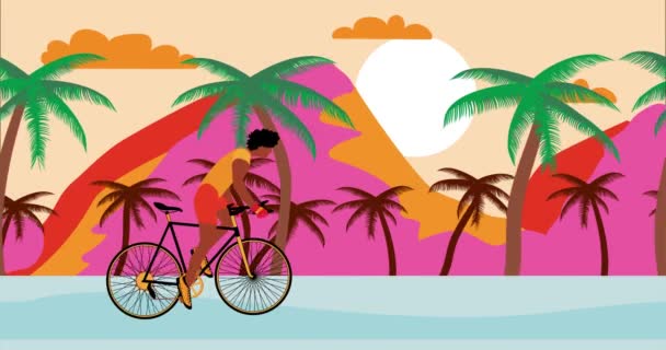 Афро-американский велосипедист катается на велосипеде по пляжу с закатом. Летний мультфильм, плоский дизайн, loop 4k — стоковое видео