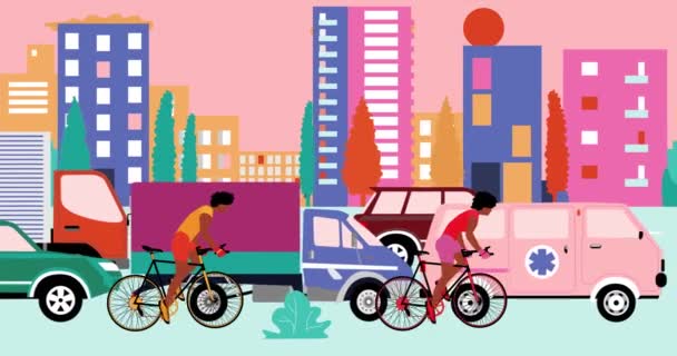 I ciclisti afroamericani sono in bicicletta su strada con ingorgo in città. Animazione dei cartoni animati, design piatto, loop 4k — Video Stock