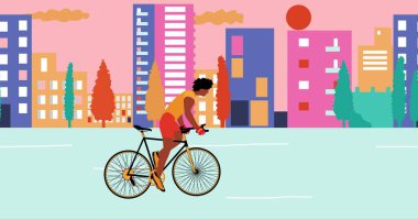 Afrikalı Amerikalı bisikletçiler yaz aylarında boş şehirde gün batımında bisiklet sürüyorlar. Çizgi film, düz tasarım.