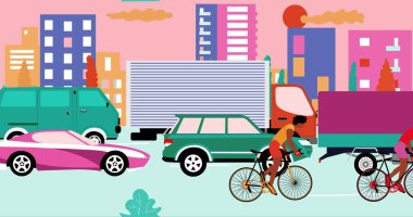 Afrikalı Amerikalı bisikletçiler şehirde trafik sıkışıklığı olan yolda bisiklet sürüyorlar. Çizgi film, düz tasarım