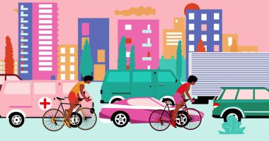 Afrikalı Amerikalı bisikletçiler şehirde trafik sıkışıklığı olan yolda bisiklet sürüyorlar. Çizgi film, düz tasarım