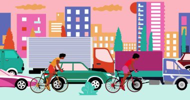 Afrikalı Amerikalı bisikletçiler şehirde trafik sıkışıklığı olan yolda bisiklet sürüyorlar. Çizgi film, düz tasarım