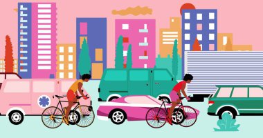 Afrikalı Amerikalı bisikletçiler şehirde trafik sıkışıklığı olan yolda bisiklet sürüyorlar. Çizgi film, düz tasarım