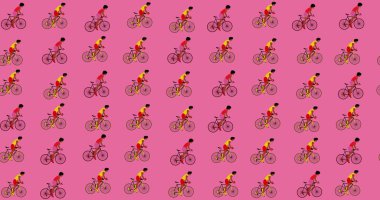 Afrikalı Amerikalı bisikletçiler pembe arka planda bisiklet sürüyor. Çizgi film, düz tasarım..