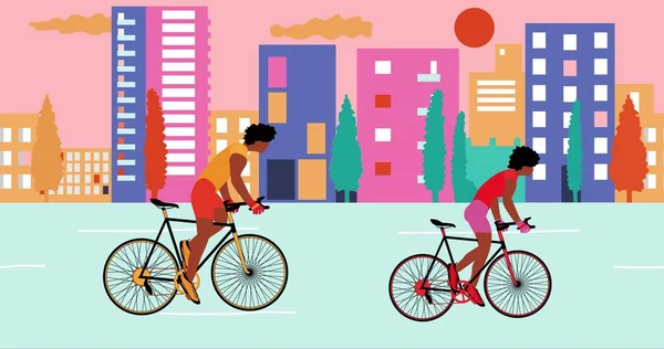 アフリカ系アメリカ人の男性と女性のサイクリストは 日没の間 夏の空の街で自転車に乗っています フラットデザイン — ストック写真