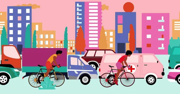 Афроамериканские Велосипедисты Едут Велосипеде Дороге Пробками Городе Мультфильм Плоский Дизайн — стоковое фото