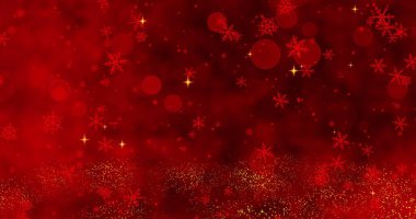 Kırmızı konfeti, kar taneleri ve kırmızı Noel arka planında Bokeh ışıkları. 3B illüstrasyon