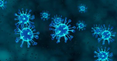 Coronavirus hücreleri. Mikroskop altında solunum enfeksiyonlarına neden olan bir virüs grubu. 3B görüntüleme, 3B resimleme