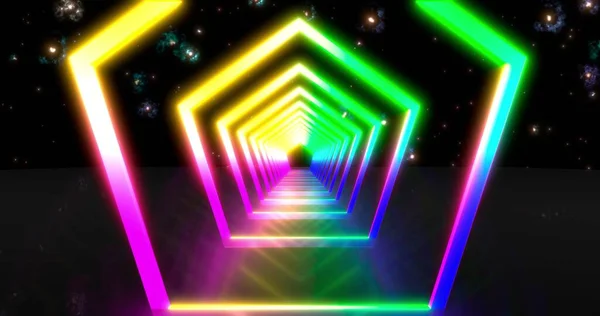 Abstract Flying Futuristic Disco Star Corridor Background Fluorescent Ultraviolet Light — Stock Photo, Image
