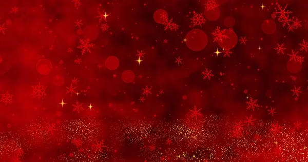Kırmızı konfeti, kar taneleri ve kırmızı Noel arka planında Bokeh ışıkları. 3B illüstrasyon