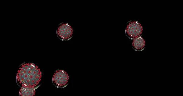 コロナウイルス細胞 Covid 19拡散病原体を持つ小さな液滴 呼吸器感染症を引き起こすウイルスのアニメーショングループ 3Dレンダリング3Dイラスト — ストック写真