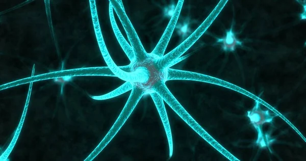 Neon neuron cells on the black background. 3d model. 3D illustration