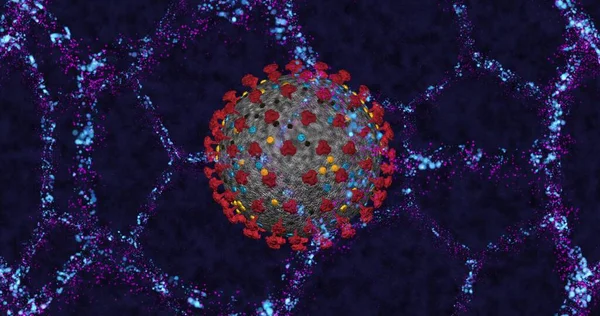 Coronavirus Hücre Covid Neon Moleküler Yapı Arka Planına Yakın Çekim — Stok fotoğraf