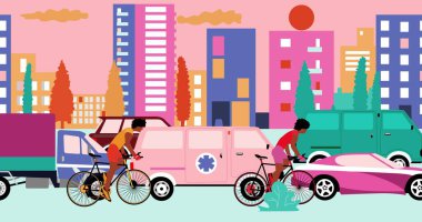 Afrikalı Amerikalı bisikletçiler şehirde trafik sıkışıklığı olan yolda bisiklet sürüyorlar. Çizgi film, düz tasarım, çizim