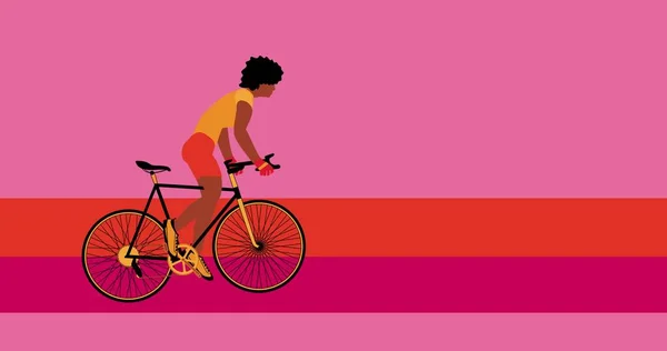 African American Cyclist Riding Bicycle Pink Background Cartoon Illustration — стоковое фото