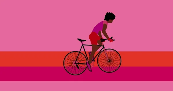 アフリカ系アメリカ人のサイクリストはピンクを背景に自転車に乗っています イラスト — ストック写真